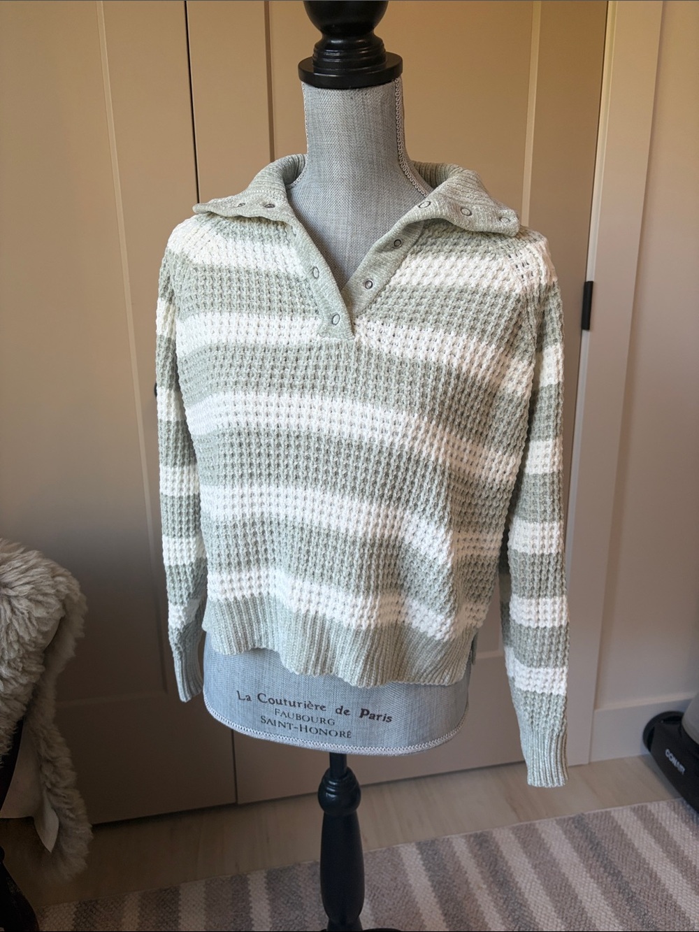 Ultra Flirt Sage Green & White Striped Collared Sweater size s